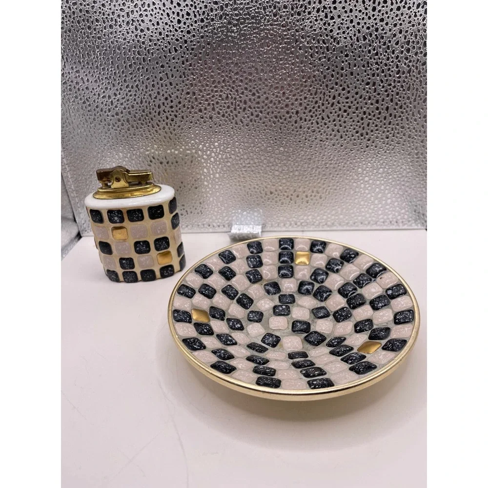 Vtg Mid Century Penguin Japan Mosaic Lighter and Ashtray Set Black‎ White Gold
